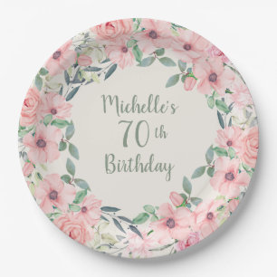 Assiettes En Carton Fleurs Aquarelle Rose Pâle 70e Anniversaire   