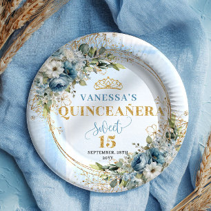 Assiettes En Carton Fleurs aquarelles bleu clair Quinceañera or Gold 