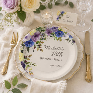 Assiettes En Carton Fleurs aquarelles jaunes violettes 18ème anniversa