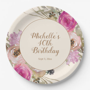 Assiettes En Carton Fleurs aquarelles rose violet 40e anniversaire