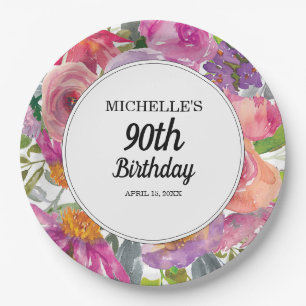 Assiettes En Carton Fleurs aquarelles rose violet 90e anniversaire