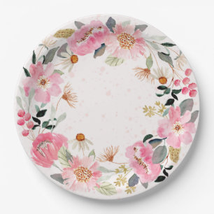 Assiettes En Carton Fleurs aquarelles roses