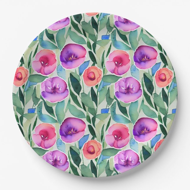 Assiettes En Carton Fleurs aquarelles roses, violettes, vertes (Devant)