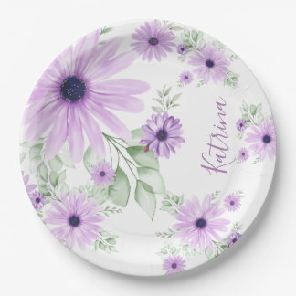 Assiettes En Carton Fleurs aquarelles violettes et vertes personnalisé