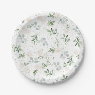 Assiettes En Carton Fleurs blanches à l'aquarelle et feuilles d'eucaly