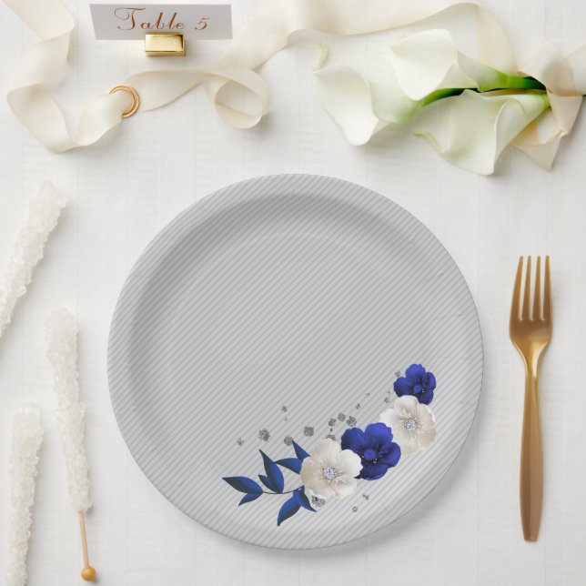 Assiettes En Carton fleurs blanches bleu royal gris (Mariage)