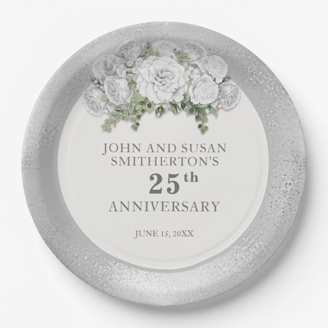 Assiettes En Carton Fleurs blanches d'argent 25e anniversaire Mariage (Devant)
