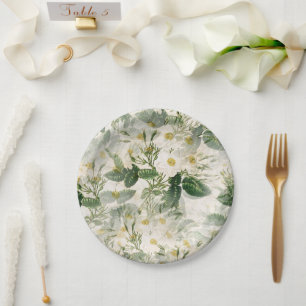 Assiettes En Carton Fleurs blanches lisses romantiques et feuilles ver