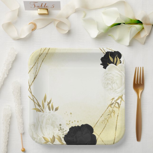 Assiettes En Carton fleurs blanches noires or feuille mariage (Mariage)