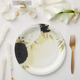 Assiettes En Carton fleurs blanches noires or feuille mariage