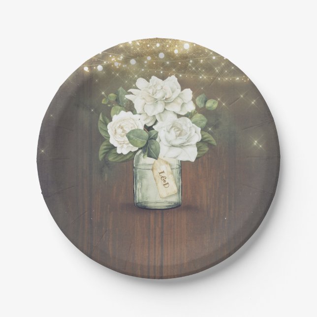 Assiettes En Carton Fleurs Blanches Pot Mason Rustique Mariage Campagn (Devant)