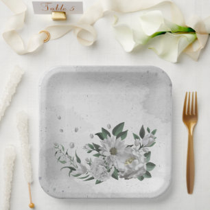 Assiettes En Carton fleurs blanches romantiques & feuilles verts