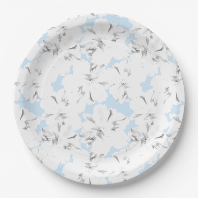Assiettes En Carton Fleurs blanches sur bleu clair. (Devant)