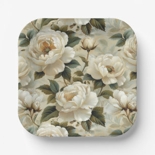 Assiettes En Carton Fleurs blanches sur un arrière - plan crème.