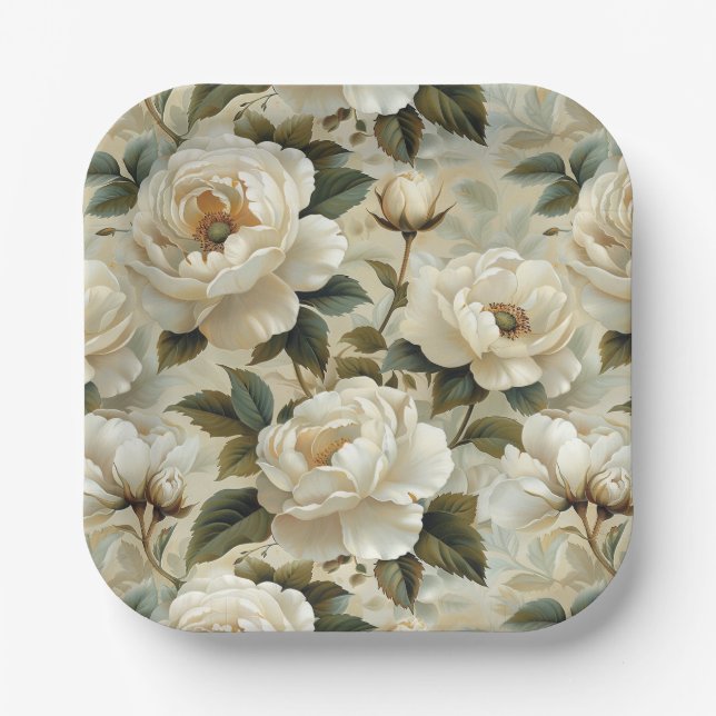 Assiettes En Carton Fleurs blanches sur un arrière - plan crème. (Recto)