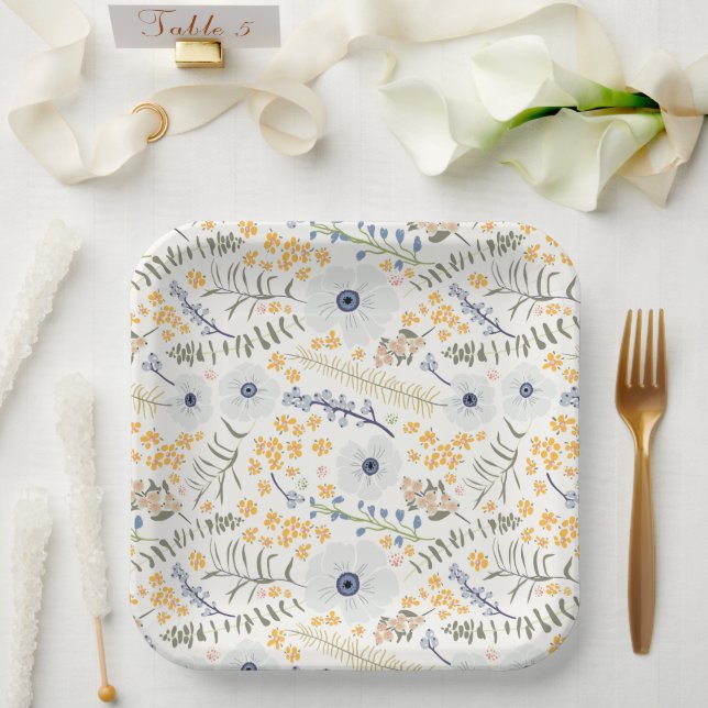 Assiettes En Carton Fleurs Bleu Jaune Botanique Événement (Mariage)