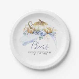 Assiettes En Carton Fleurs Bleu Poussiéreux et Citrouilles Pailletées