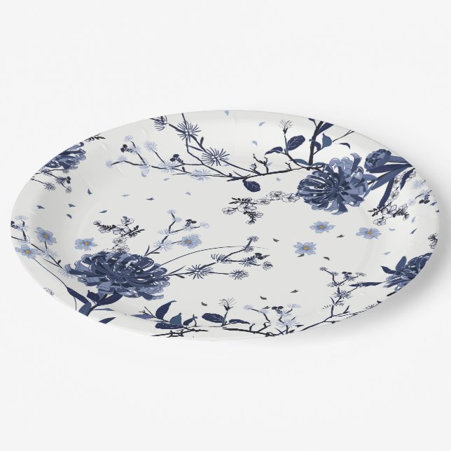 Assiettes En Carton Fleurs bleues (Angle)
