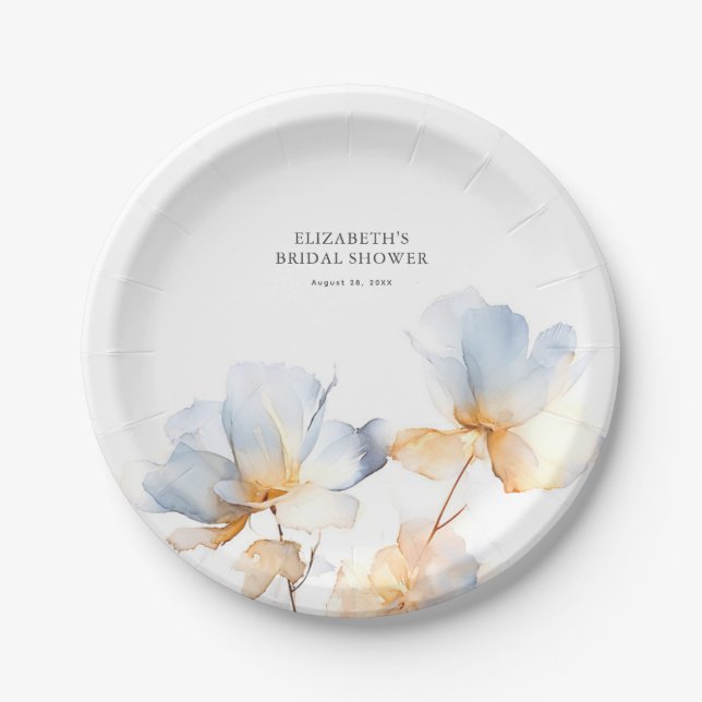 Assiettes En Carton Fleurs bleues et dorées douces élégantes (Devant)