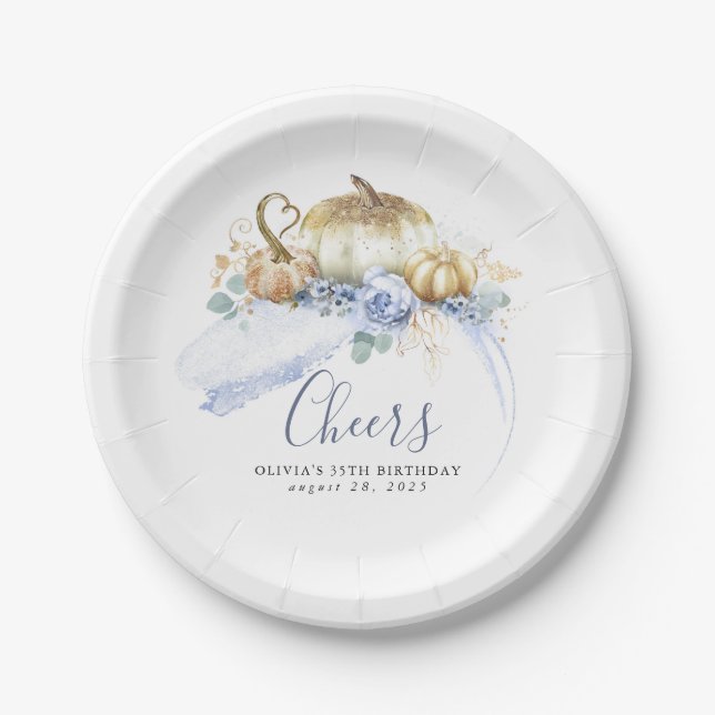 Assiettes En Carton Fleurs Bleues Poussiéreuses et Citrouilles Paillet (Devant)