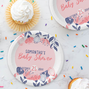 Assiettes En Carton Fleurs Bleues Rose Cute Baby shower Botanique