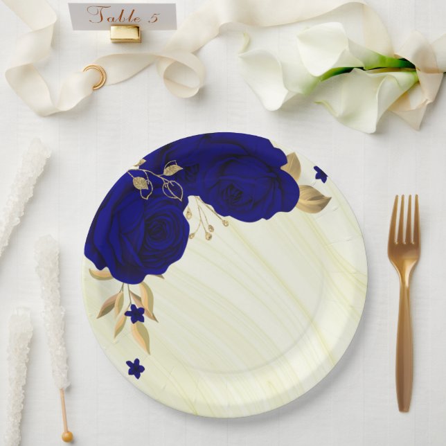 Assiettes En Carton fleurs bleues royales or marbre feuille (Mariage)