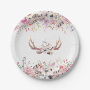 Assiettes En Carton Fleurs & Bois de Cerf Mariage Rustique Fête Evénem