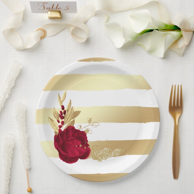 Assiettes En Carton fleurs bordeaux et or (Mariage)