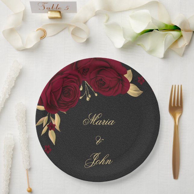Assiettes En Carton fleurs bordeaux or feuille noir (Mariage)