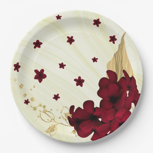 Assiettes En Carton fleurs bordeaux or marbre feuille (Devant)