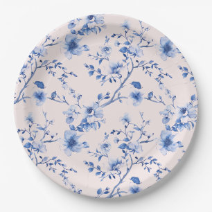 Assiettes En Carton Fleurs chinoiserie bleu et rose