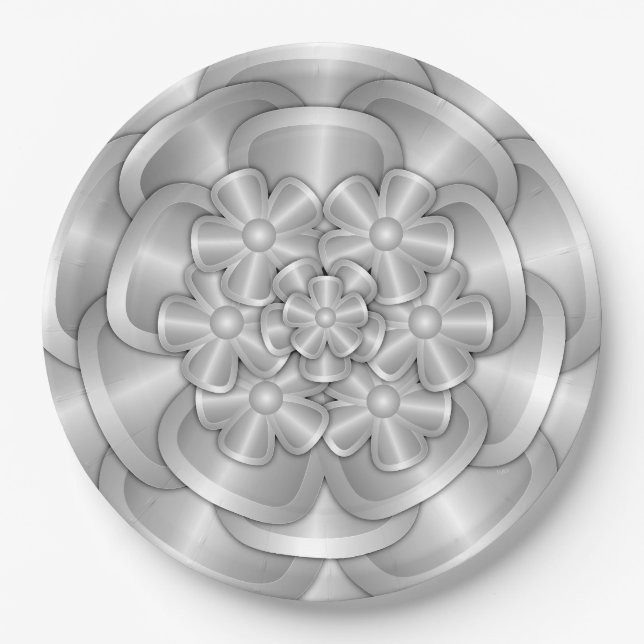 Assiettes En Carton Fleurs Chrome - Plaque en papier argent (Devant)