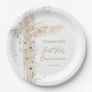 Assiettes En Carton fleurs croix Première Sainte Communion
