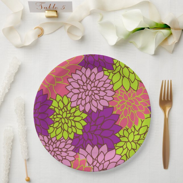 Assiettes En Carton Fleurs Dahlia, Fleurs Colorées, Motif Floral (Mariage)