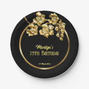 Assiettes En Carton Fleurs d'anniversaire en noir et or personnalisées