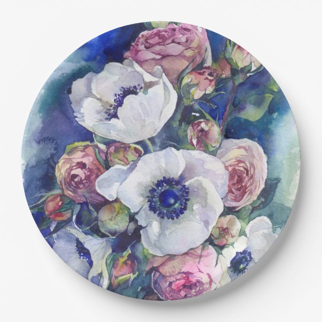 Assiettes En Carton Fleurs d'aquarelle anémone roses d'illustration fl (Devant)