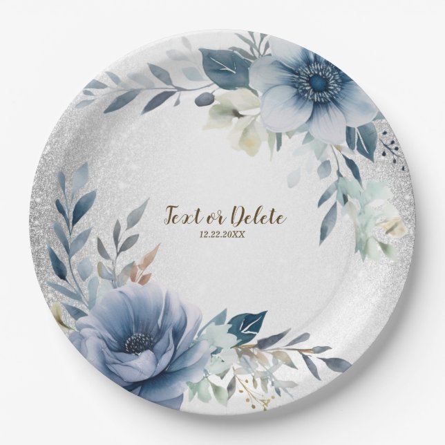 Assiettes En Carton Fleurs d'Aquarelle bleu Dusty Silver Elégant (Devant)