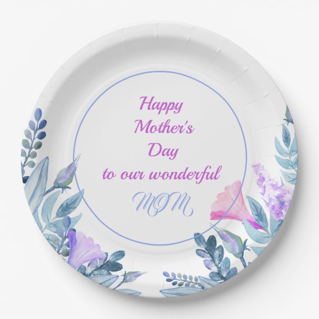 Assiettes En Carton Fleurs d'aquarelle bleue Fête des mères (Devant)