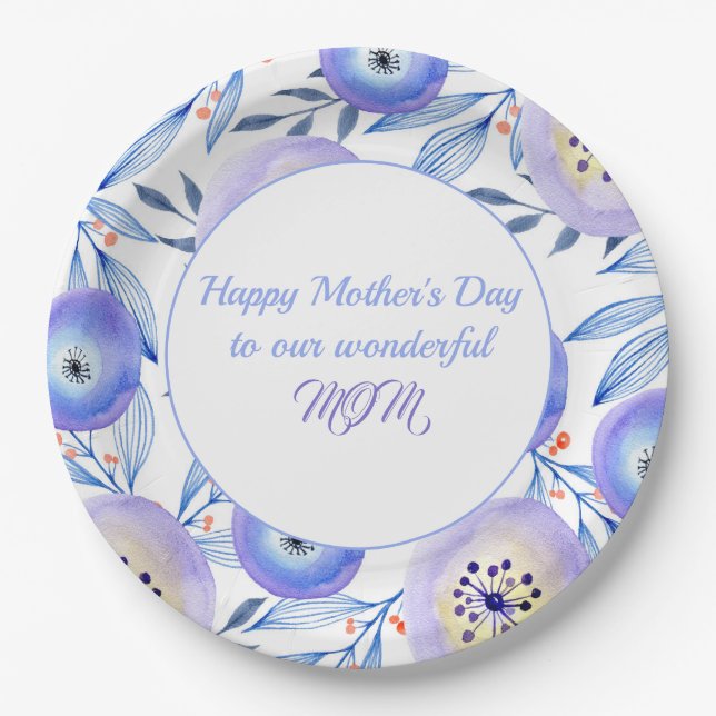 Assiettes En Carton Fleurs d'aquarelle bleue Fête des mères (Devant)
