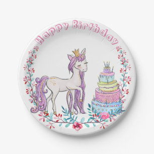 Assiettes En Carton Fleurs d'aquarelle de licorne d'or de joyeux