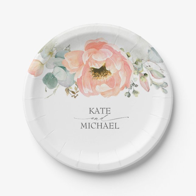 Assiettes En Carton Fleurs d'aquarelle de pêche Mariage élégant (Devant)