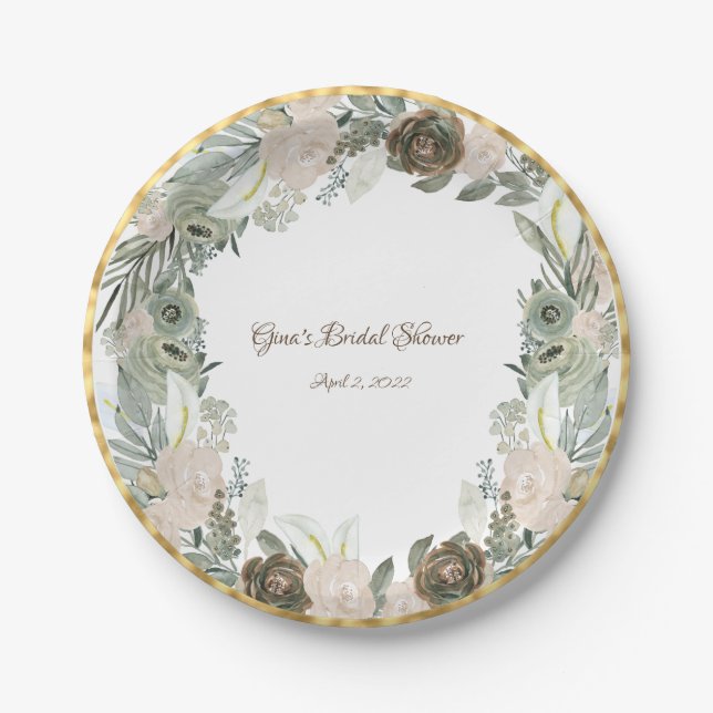 Assiettes En Carton Fleurs d'aquarelle de vanille verte et crémeuse (Devant)