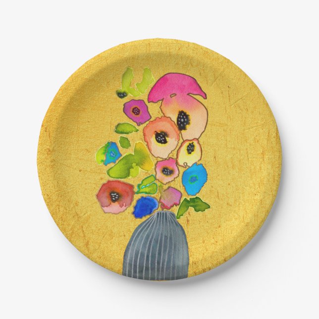 Assiettes En Carton Fleurs d'aquarelle florale dans le vase (Devant)