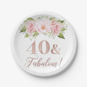 Assiettes En Carton Fleurs d'aquarelle rose pâle 40e anniversaire