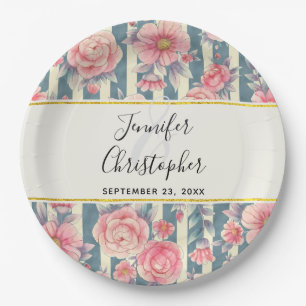 Assiettes En Carton Fleurs d'aquarelle rose sur bandes Papier Mariage 