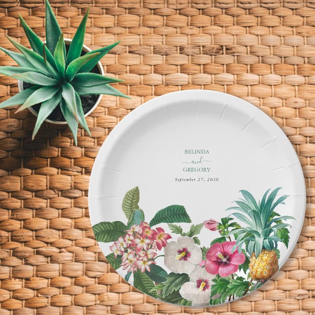 Assiettes En Carton Fleurs d'aquarelle tropicale et Mariage de verdure (Tropical Watercolor Flowers & Greenery Wedding Paper Plates)