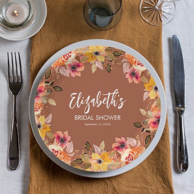 Assiettes En Carton Fleurs d'Automne Réception de Mariage Terracotta (Autumn Flowers Bridal Shower Terracotta Paper Plates)