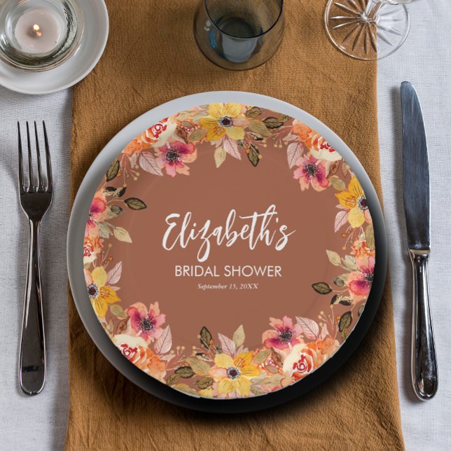 Assiettes En Carton Fleurs d'Automne Réception de Mariage Terracotta (Autumn Flowers Bridal Shower Terracotta Paper Plates)