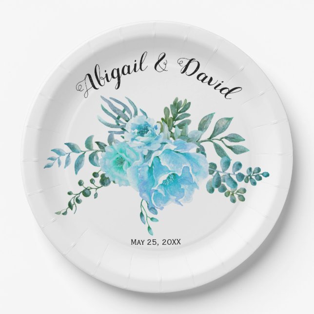 Assiettes En Carton Fleurs de cactus bleu aquarelle, mariage succulent (Devant)