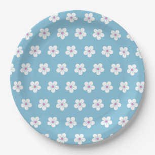 Assiettes En Carton Fleurs de cerises blanches sur bleu